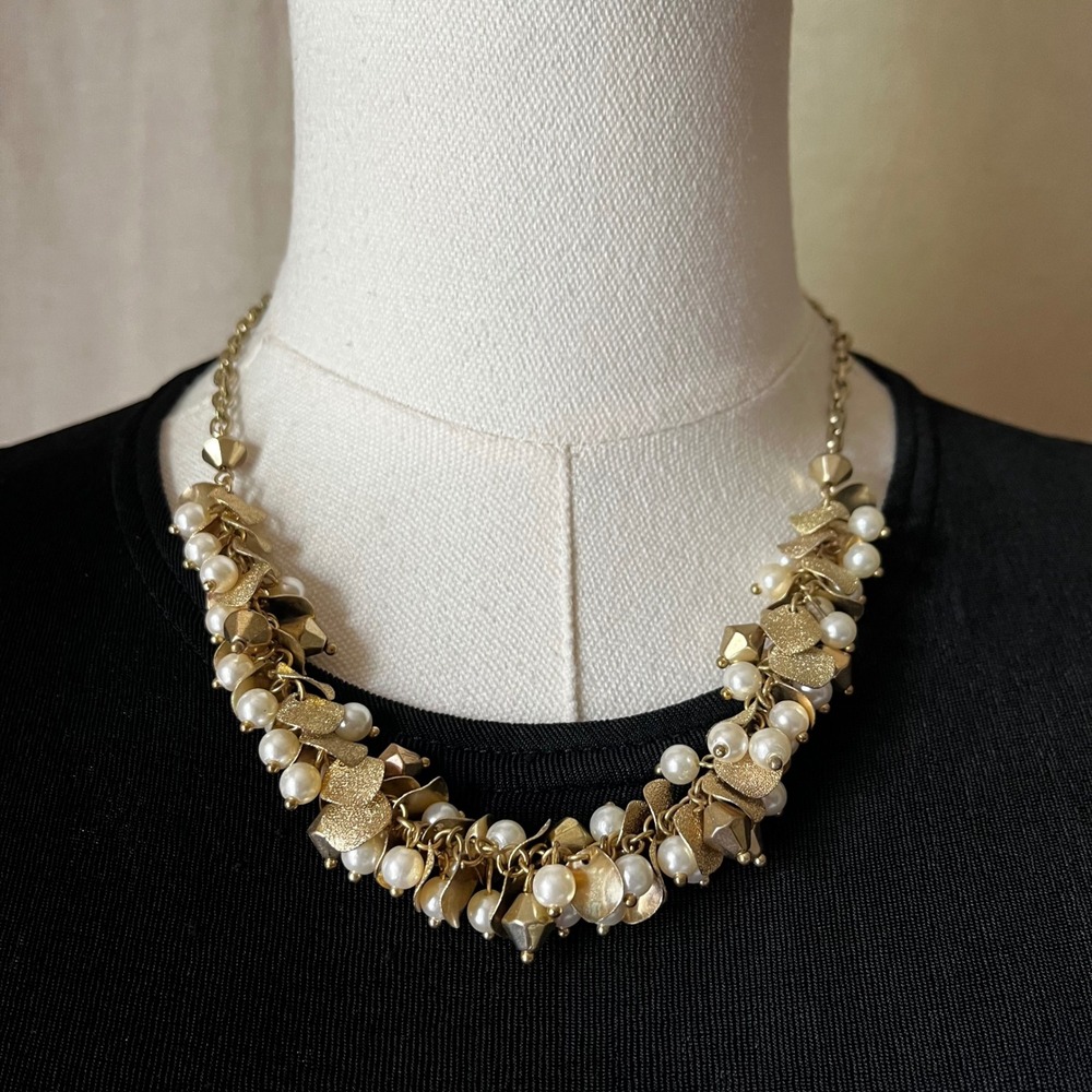 Gold Tone Faux Pearl Cluster‎ Statement Necklace Adjustable Bib 21.5"